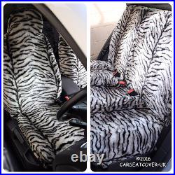 Full Set of Furry Grey Tiger Print Car Seat Covers Fits Most Cars