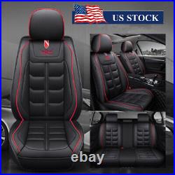 US Stock Black+Red Line PU Leather Car Seat Cover Full Set Cushions Front+Rear